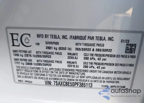 2023 Tesla Model X Dual Motor All-Wheel Drive/Standard Range из США, поврежденный, VIN 7SAXCBE50PF385113